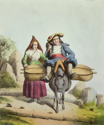 Sajtárusok Tarbes régióból, 1840 körül (színes gravírozás)