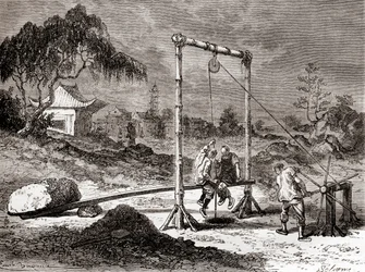 Kínai munkások a 19. században, akik kutat ástak sós víz kitermelésére, a „Les Merveilles de la Science”-ből, 1870 körül megjelent (metszet)