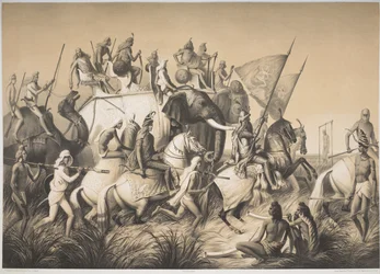 Chir Singh, a szikhek maharadzsája Pandzsáb királyával és kíséretével a „Voyage in India” című filmből, 1850 körül (litho)