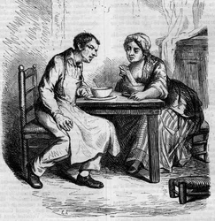 Christophe és a kövér Sylvie: szolgák reggeliznek. Metszet 19. század közepe. Illusztráció Honore de Balzac (1799-1850) „The Father Goriot”-hoz.