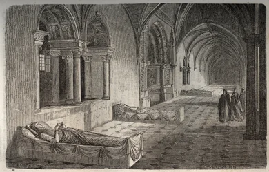 Fontevrault-i kolostor II. Henrik szobraival - Eleonore de Guyenne - metszet Victor Duruy (1811-1894) „Histoire de France” című könyvébe – 1882