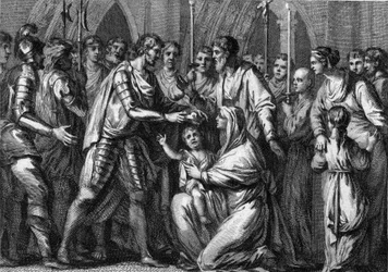 Clotaire (Clothaire) II, akit Fiatalként ismertek (584-628), Neustria koronakirályát nagybátyja, I. Gontran (kb. 545-592), Orléans és Burgundia királya koronázta meg. Édesanyja, Fredegonde királyné (kb. 545-597) tartja a karjában. 584. 18. századi metszet.