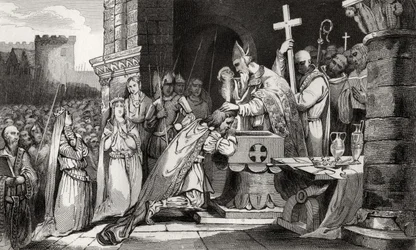 I. Clovis (465-511) a tolbiaci csata előtt seregének embereivel megkeresztelkedett, Colart „Histoire de France” című művéből, 1840 körül.