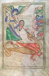 Tőkehal. Guelf. 1 Gud. lat. 15r, Saint Michael Fighting the Dragon, Liber Floridusból, Lambert de Saint-Omer c.1120
