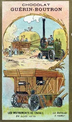 Gyűjtőkártya a Chocolat Guerin-Boutrontól, amely egy gőzös cséplőgépet ábrázol