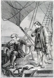 Kolumbusz gazembernek kötve (a hajófedélzeten), ill. "" Discovery de la Terre" - Jules Verne, szerk. Hetzel, n.d. 19.