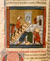 Róma építése. A „Histoire ancienne à la Cesar” kézirat miniatúrája, amelyet 1260-1270 körül írt IV. Roger, Lille Chatelain (1208-1230) udvarának tisztviselője. Dijon, München