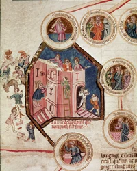 A babiloni Bábel tornyának építési helye Oldal a francia iskola "Genealogia de la Bible" című kéziratából. XIV. század Cremone, biblioteca governativa