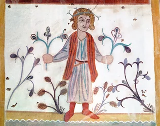 Egy áprilist ábrázoló középkori eredeti másolata a Hónapok Foglalkozásaiból, a Chapelle de Pritz, Laval
