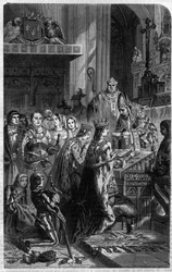 I. Ottó császár (912-973) megkoronázása XII. János pápa által 962-ben. Metszet Maurice La Châtre „Pápák, királyok, királynők és császárok története az évszázadok során” című művében.