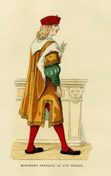 Egy 17. századi francia kereskedő öltözete.Színes metszet, Augustin Challamel "France et les francais a travers les centuries", F.Roy szerkesztő, Párizs 1882. Selva gyűjtemény.