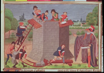 Cott augusztus V, 22. évf. Bábel tornyának építése, miniatűr a „Le Tresor des Histoires”-ból (vellum)