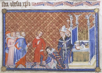 Cotton Tiberius B VIII f.48v, Merész Fülöp burgundi herceg felcsatolja a sarkantyúkat V. Károly királyra, illusztráció „A koronázás mestere könyvéből”