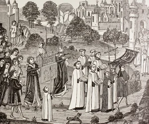 Renier gróf viszi Szent Veronika testét a monsi Szent Waudru templomba, Paul Lacroix "Military and Religious Life in the Middle Ages" című művéből, London, 1880 körül.