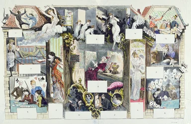 Egy párizsi ház keresztmetszete, illusztráció a La Vie Parisienne-ből, 1875 körül (színes metszet)
