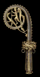 Crozier-fej, amely Szent Mihályt ábrázolja, aki legyőzi a sárkányt, Limoges, 1220-30 körül (réz, champleve, zománc és aranyozott)