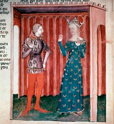 Arthur király ciklusa: Lancelot du Lac lovag és Guenievre királynő. Miniatűr a „La quete du saint grail” kéziratból” (ms. fr 343 fol. 6) 1380-1385 Paris B.N.