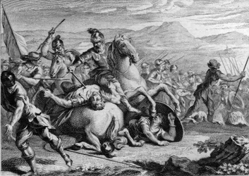 II. Alarik halála, 507: I. Clovis (465-511), a frankok királya, megölte II. Alarik (484-507), a vizigótok királyát az 507-es vouille-i csatában. 18. századi metszet.