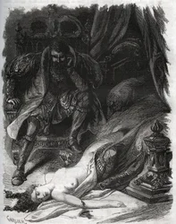 Françoise de Foix, Châteaubriant grófnője (kb. 1495-1537) halála, akit férje, Jean de Laval, Châteaubriant grófja (Laval-Châteaubriant) (1486-1543) meggyilkolt, így állva bosszút felesége hűtlenségeiért. 1871-es metszet a „Histoire des...” című műből