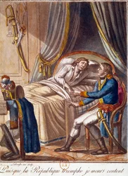 Hoche tábornok halála 1797. szeptember 17-én: "Mivel a köztársaság győzedelmeskedik, elégedetten halok meg" 18. századi metszet Magántulajdonú gyűjtemény