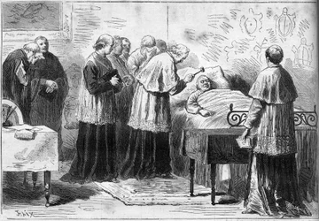 IX. (Pio) Pius pápa (1792-1878) decesei: a pápa halálának elismerésének rituáléja. Egy bíboros ezüst kalapáccsal megüti az elhunyt homlokát. Metszet az 1878. február 16-i „” Le Monde Illustré”” 1089. sz.