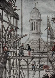 A Montmartre-bazilika kupolájának építésének végét leleplező állványbemutató. Metszet a „” Le Pelerin”-ben” 1899.12.17.