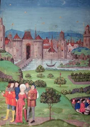 A csapatok távozása, jelenet a „Chroniques de France” kéziratból, Jean de Froissart (kb. 1333-1404) művéből, amely Európa 1225 és 1400 közötti történetét meséli el.
