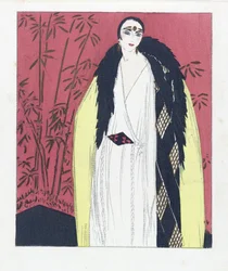 Tervezés egy estélyi ruhához, szőrmével díszített köpeny, pub. 1924 (pochoir print)