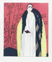 Dizájn estélyi ruhához szőrmével díszített köpennyel, pub. 1924 pochoir print.