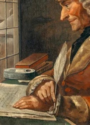 Részlet: „” Francois Marie Arouet Voltaire (1694-1778) portréja a munkaszekrényében”” XVIII. századi festmény. Homályos. 0,43 x 0,35 m Párizs, Carnavalet múzeum - Francois Marie Arouet Voltaire (1694-1778) portréja a dolgozószobájában. 18. központ festmény