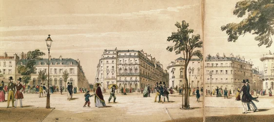 Részlet a Boulevard des Italiens panorámájáról, 1840 körül (színes litó)