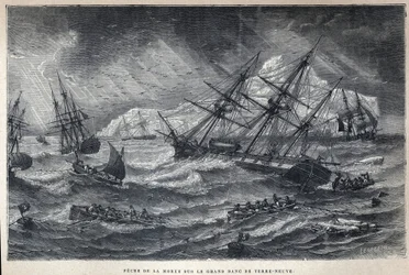 Felfedezték Kanadát: Tőkehalhalászat a Grand Bank of Newfoundlandon, Newfoundland. A 19. század végi metszete Eugene Guenin „La nouvelle France”-jában.