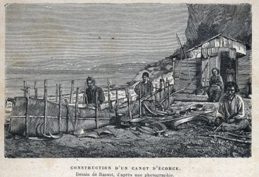 Felfedezte Kanadát: kéregkenu építése. Bassot rajza fénykép után. A 19. század végi metszete Eugene Guenin „La nouvelle France”-jában.