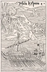 Santo Domingo felfedezése, Insula Hyspana, Kolumbusz Kristóf, Christoferi Colom levél fametszete fakszimile, a Tudomány és irodalom középkorban, Paul Lacroix pub. London 1878