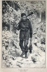 Disouverte du Canada: egy kanadai trapper portréja az erdőben. A 19. század végi metszete Eugene Guenin „La nouvelle France”-jában.