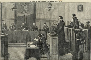 Dreyfus-ügy 1898-ban: a haditanács meghallgatása: Esterházy parancsnok pere. „Le petit parisien” metszet 1898-ból.