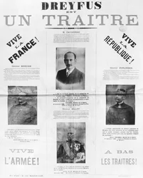 Dreyfus est un traitre, plakát a becsmérlői portréival, 19. század vége