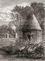 Korai gall házak, kerek kabin lyukkal a tetőn, hogy a tűz füstje eltávozzon, a „Les Merveilles de la Science”-ből, 1870 körül (metszet)