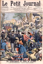 Földrengés Calabriában, Olaszországban. III. Viktor Emmánuel király látogatást tesz a pusztított régiókban. Földrengések Calabriában. SM Victor-Emmanuel ellátogat a pusztított régióba. Illusztráció a Le petit Journalhoz, 1905. szeptember 24. Victor Emmanue