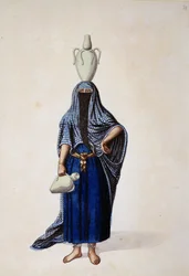 Egyiptomi nő, aki egy ibrik vizesedényt cipel, valószínűleg Cousinery, oszmán korszak, 18. század harmadik negyede (wc papíron)