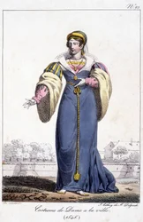 Metszet, női jelmez a városban 1545 körül.