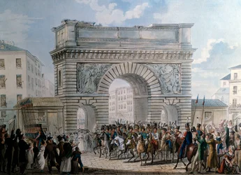 A szövetségesek belépése Párizsba a Porte Saint Martin által 1814.03.31-én XVIII. Lajos király (1755-1824) felvonulásán. Nyomtatás 1814-ből. Párizs, Musee Carnavalet