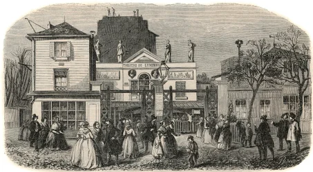 A luxemburgi Bobino színház bejárata a 19. században – Edmond Texier 1852-es metszete „Tableau-de-Paris”-ban