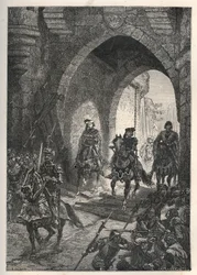 Szeretett VI. Károly (1368-1422), francia király belépése Párizsba Maillotins lázadásának leverése után, 1382-ben - Charles Vi francia király visszatér Párizsba - Charles VI le Bien-Aime (1368) főétel -1422), francia király, Párizsban azután
