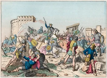 Eudes (Odon) (860-898), a Karoling-dinasztia vezette a normannok elleni csatát, és győztesen védte Párizst (885-887) - Eudes (860-898) a normannok elleni harcban - Metszet a 19. század végén "" Nos Gires Nationales - Images et reci