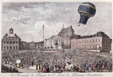 A Montgolfier fivérek versailles-i kísérlete egy kakas, egy kacsa és egy juh repülésével egy Montgolfière hőlégballonban, 1783. szeptember 19-én