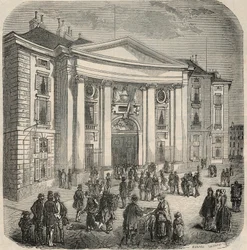 A párizsi Place du Pantheon Jogi Iskola külső képe – Edmond Texier 1852-es metszete a „Tableau-de-Paris”-ban