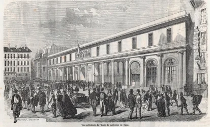 A Párizsi Orvostudományi Iskola külső képe – Edmond Texier 1852-es metszete a „Tableau-de-Paris”-ban