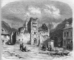 A 14. században megerősített Szent András-templom (a Templomosok temploma) külső képe. Luz saint Savior (Luz-Saint-Sauveur), Hautes Pyrenees (65)