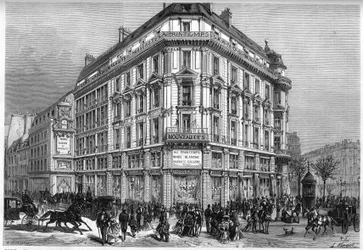 Az új párizsi Printemps üzletek külső képe, a „bécsi liftek” 1874-es felavatásának napján. Metszet a „” Le Monde Illustré”” 885. sz. 1874. március 28-án.